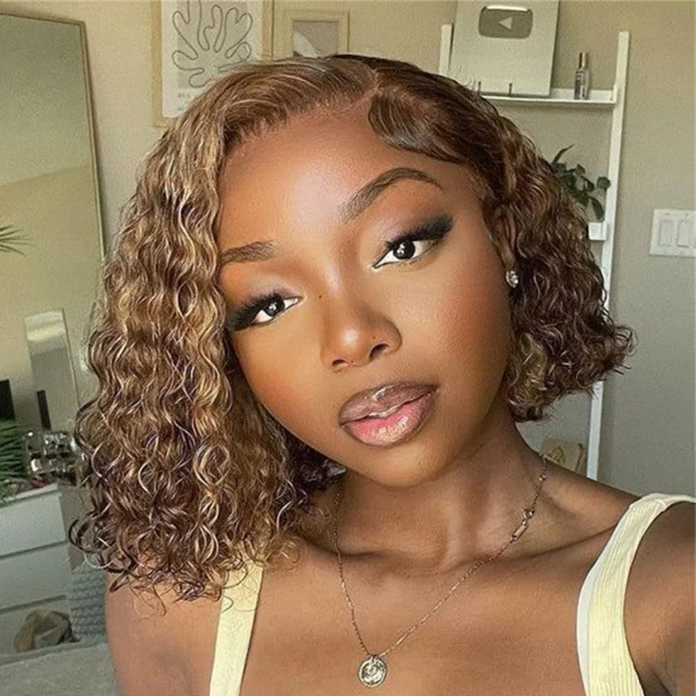 IDHERE 4/27 Highlight Water Wave Bob Wig 13x4 Lace Front Human Hair Wig Wet and Wavy Lace Frontal Wigs