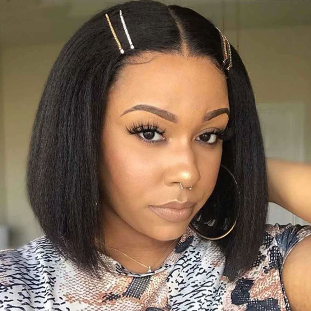 IDHERE 4x4 HD Lace Closure Short Bob Wig Yaki Staright Human Hair Lace Front Kinky Straight Hair Wigs