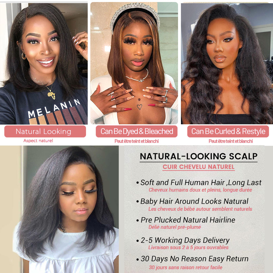 IDHERE Yaki Straight Glueless Bob 5X5 Lace Wigs Pre Plucked Kinky Straight Lace Closure Wig Virgin Human Hair 180% Density