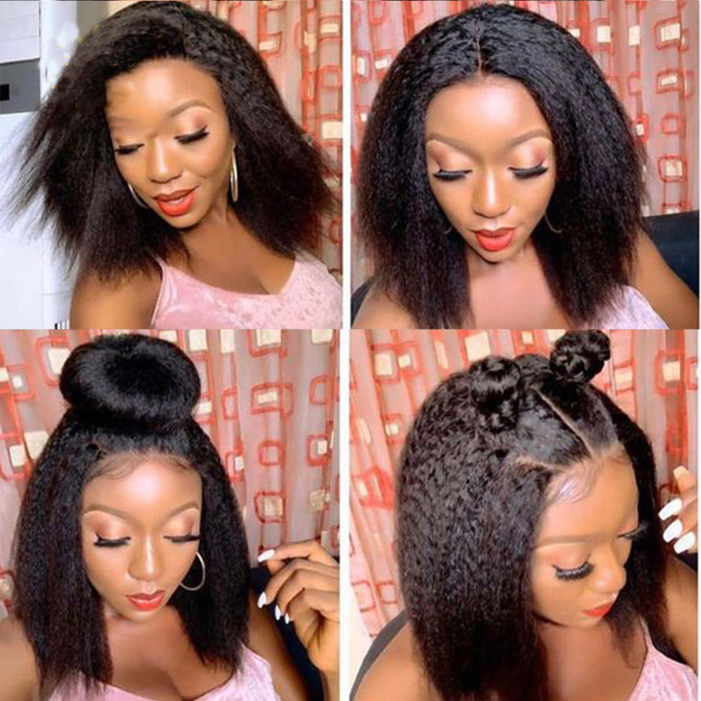 IDHERE 4x4 HD Lace Closure Short Bob Wig Yaki Staright Human Hair Lace Front Kinky Straight Hair Wigs