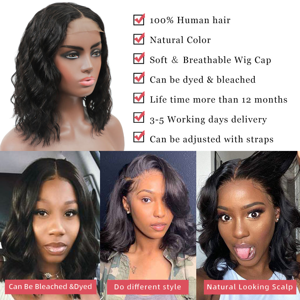 IDHERE Blunt Cut Bob 4X4 Lace Closure Human Hair Wigs Body Wave Lace Front Bob Wigs With Baby Hair