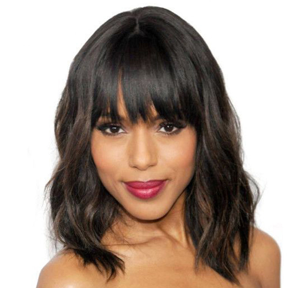 IDHERE Body Wave Short Bob Human Hair Wigs with Bangs None Lace Front Wigs