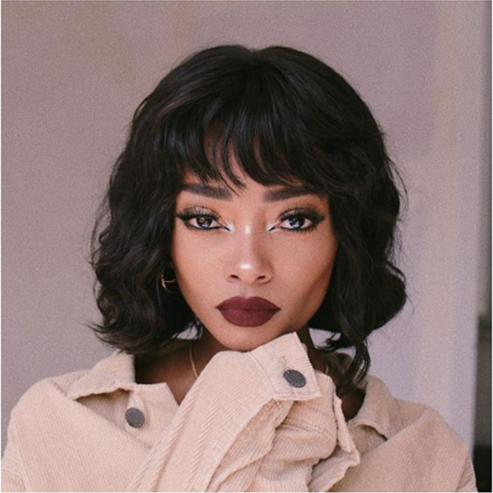 IDHERE Body Wave Short Bob Human Hair Wigs with Bangs None Lace Front Wigs