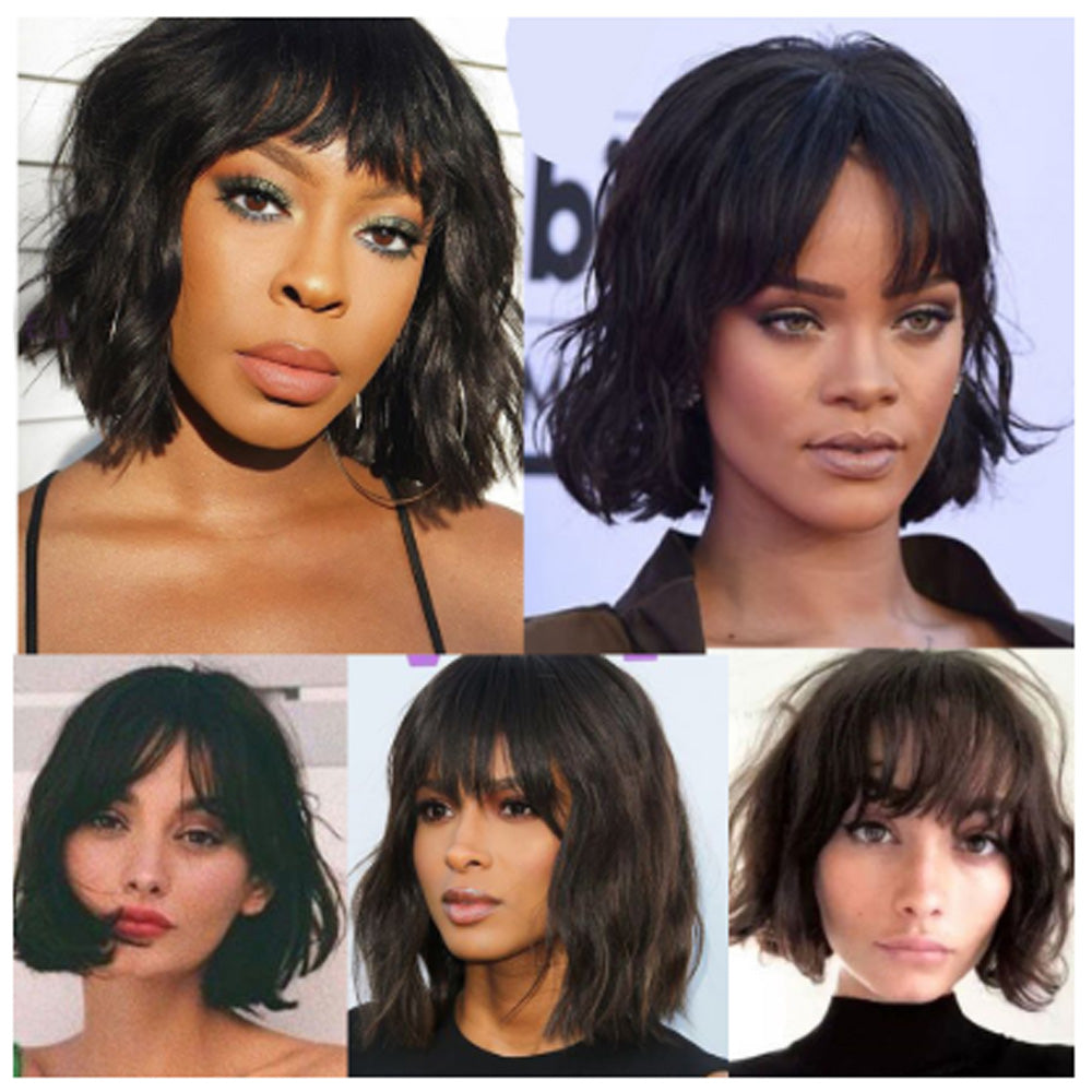 IDHERE Body Wave Short Bob Human Hair Wigs with Bangs None Lace Front Wigs