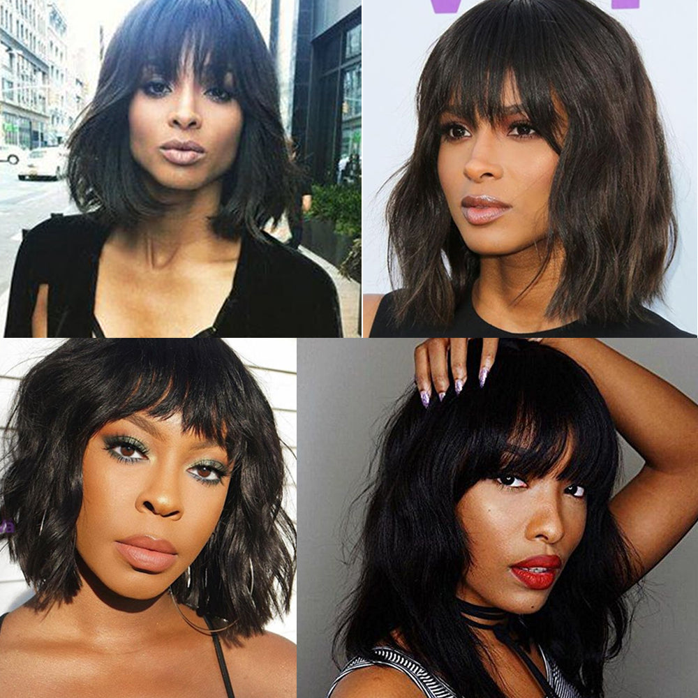 IDHERE Body Wave Short Bob Human Hair Wigs with Bangs None Lace Front Wigs