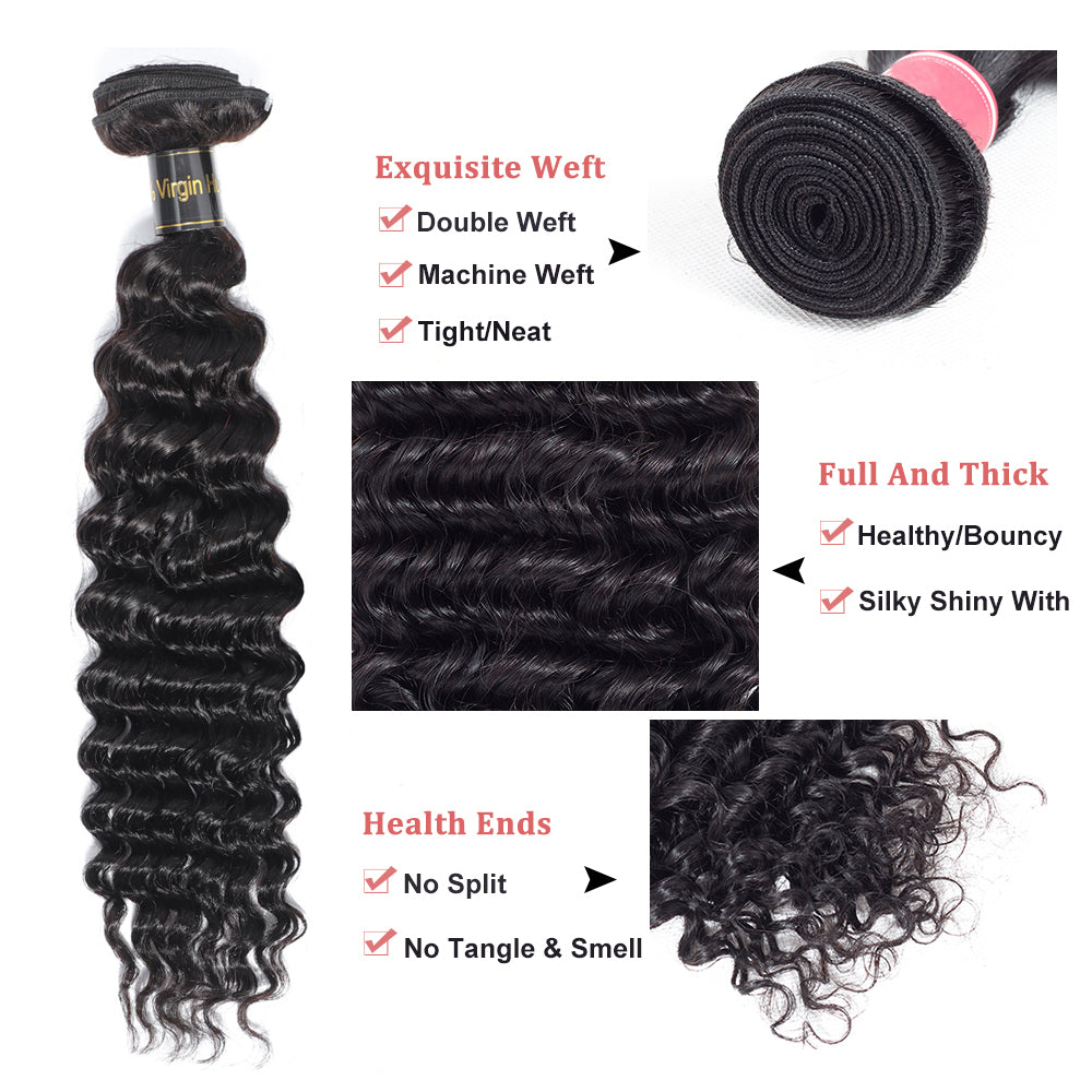 IDHERE Deep Wave Human Hair Bundles 100% Unprocessed Brazilian Virgin Remy Hair Deep Curly 3 Bundles Weft Weave Human Hair