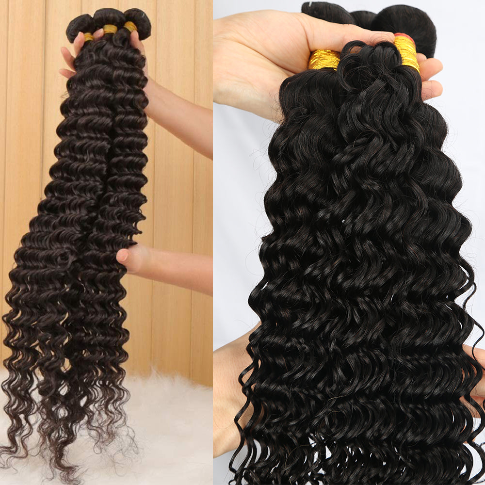 IDHERE Deep Wave Human Hair Bundles 100% Unprocessed Brazilian Virgin Remy Hair Deep Curly 3 Bundles Weft Weave Human Hair