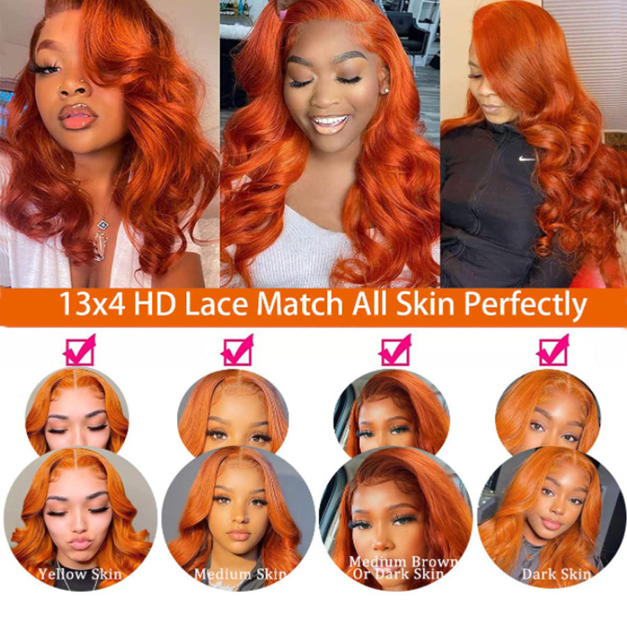 IDHERE Ginger Orange 13x4 HD Lace Front Body Wave Human Hair Wigs Pre Plucked With Baby Hair