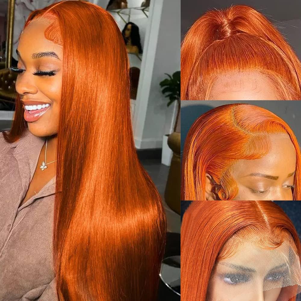 IDHERE Ginger Orange 13x4 HD Straight Lace Front Wigs Human Hair Pre Plucked Natural Hairline