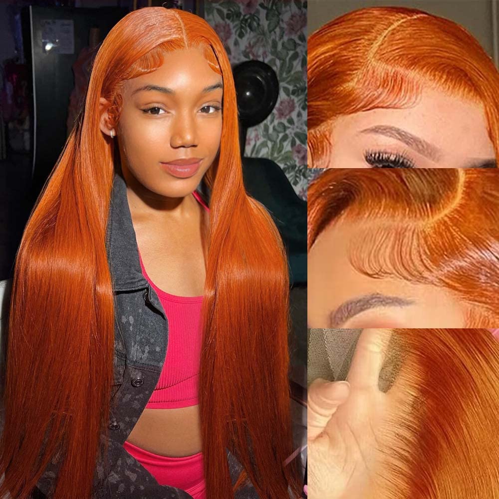 IDHERE Ginger Orange 13x4 HD Straight Lace Front Wigs Human Hair Pre Plucked Natural Hairline