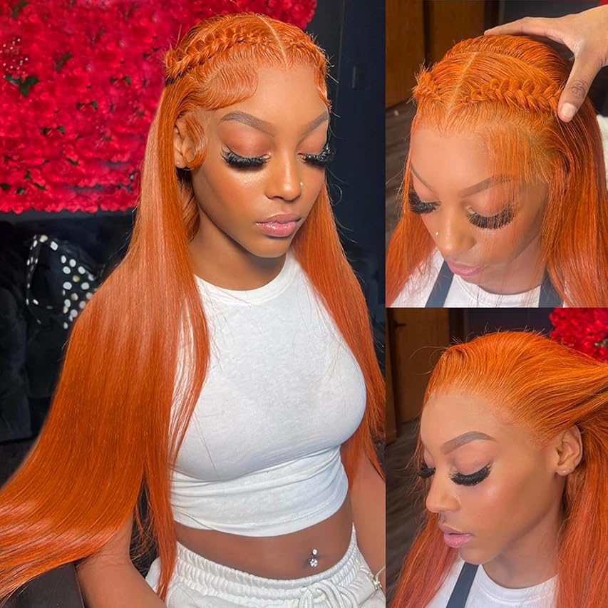 IDHERE Ginger Orange 13x4 HD Straight Lace Front Wigs Human Hair Pre Plucked Natural Hairline