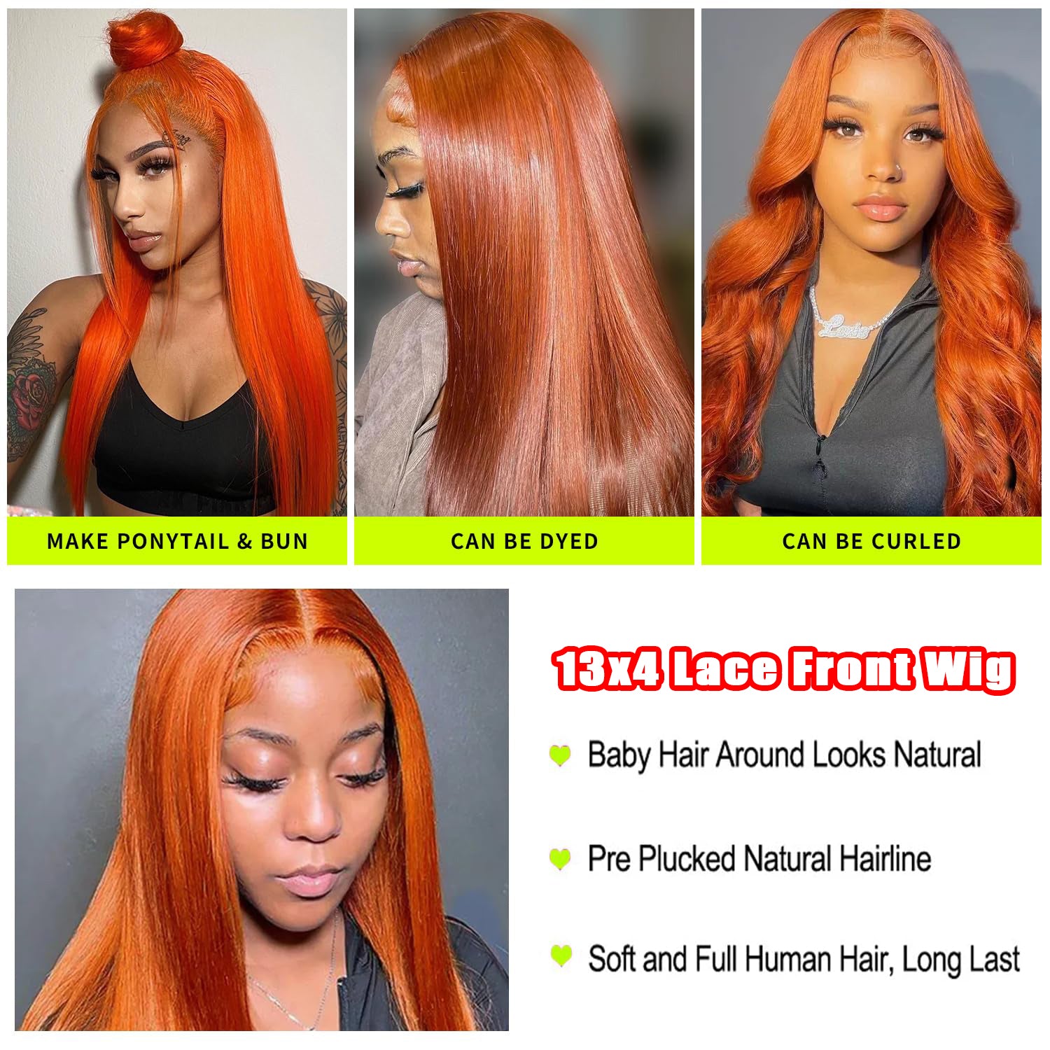 IDHERE Ginger Orange 13x4 HD Straight Lace Front Wigs Human Hair Pre Plucked Natural Hairline