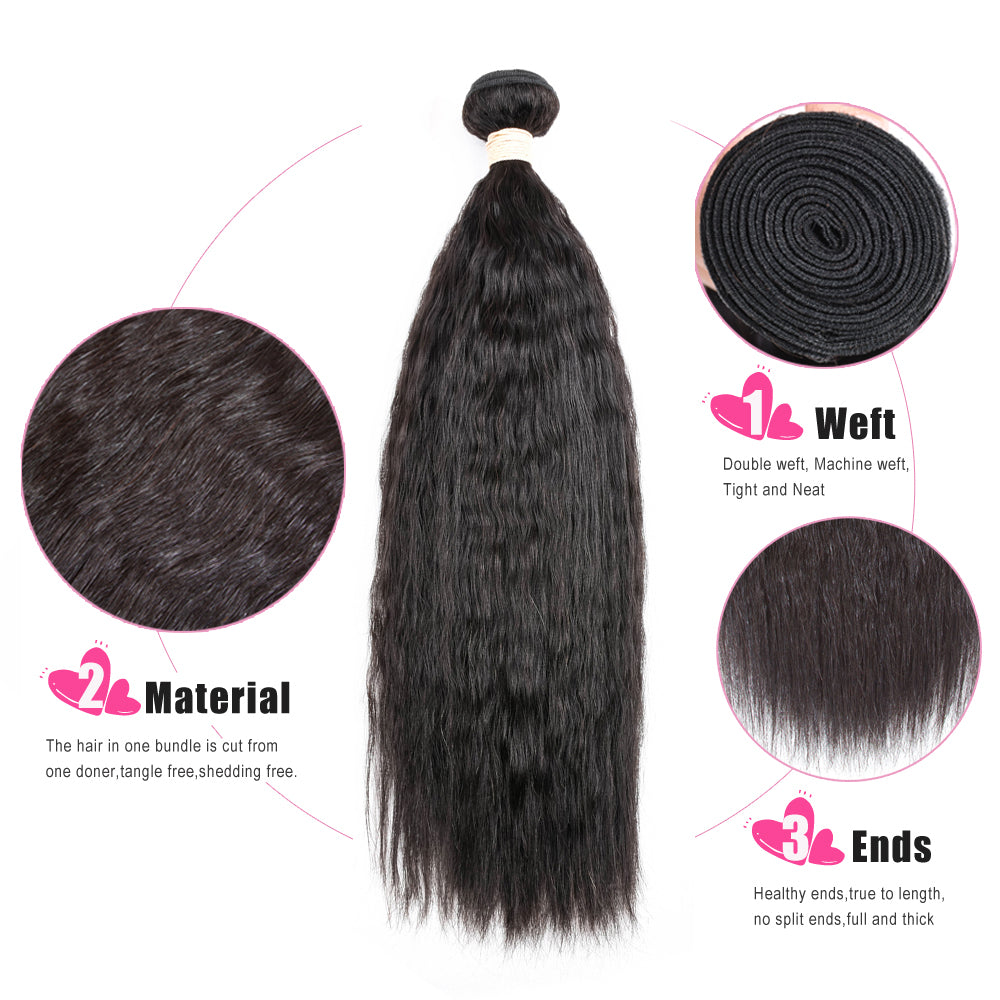 IDHERE Hair Bundles 14A Yaki Kinky Straight Human Hair 3 Bundles 100% Unprocessed Virgin Human Hair