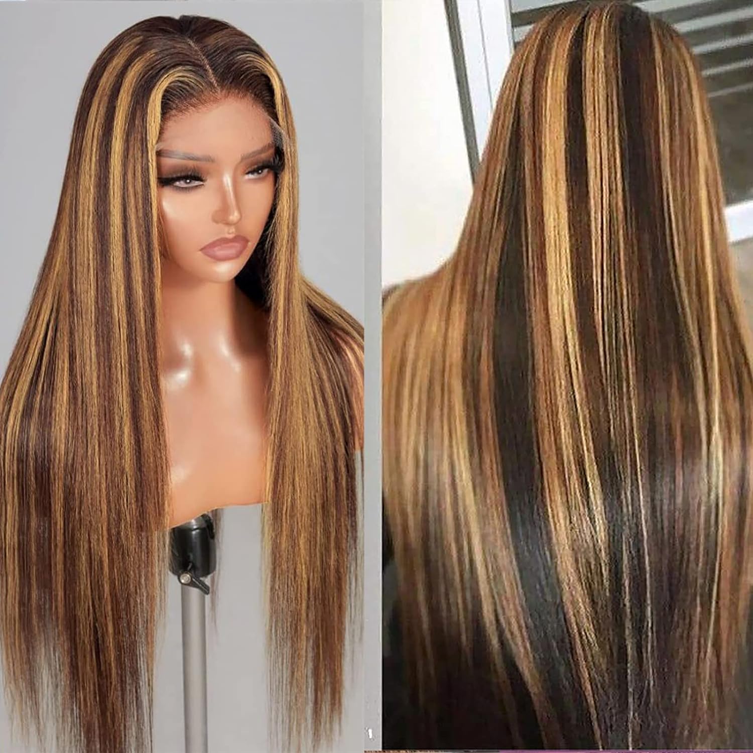 IDHERE Highlight Ombre  13x6 Straight Human Hair Wig 4/27 Honey Blonde Lace Front Wigs Pre Plucked