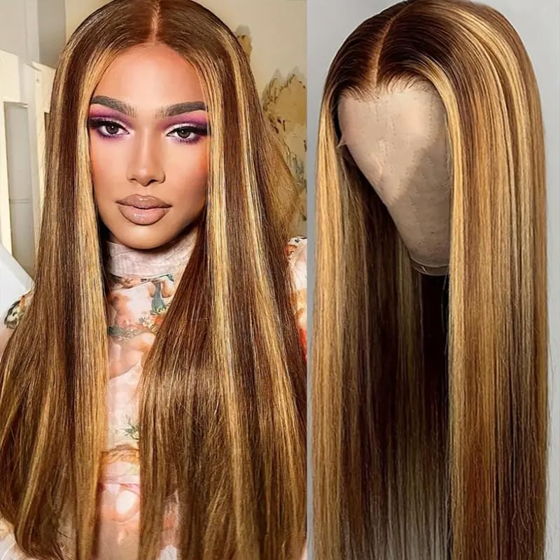 IDHERE Highlight Ombre  13x6 Straight Human Hair Wig 4/27 Honey Blonde Lace Front Wigs Pre Plucked