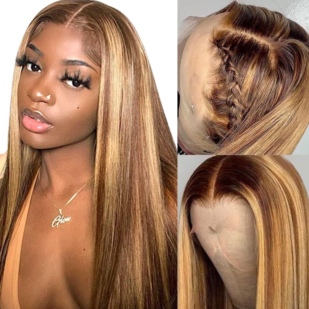 IDHERE Highlight Ombre  13x6 Straight Human Hair Wig 4/27 Honey Blonde Lace Front Wigs Pre Plucked