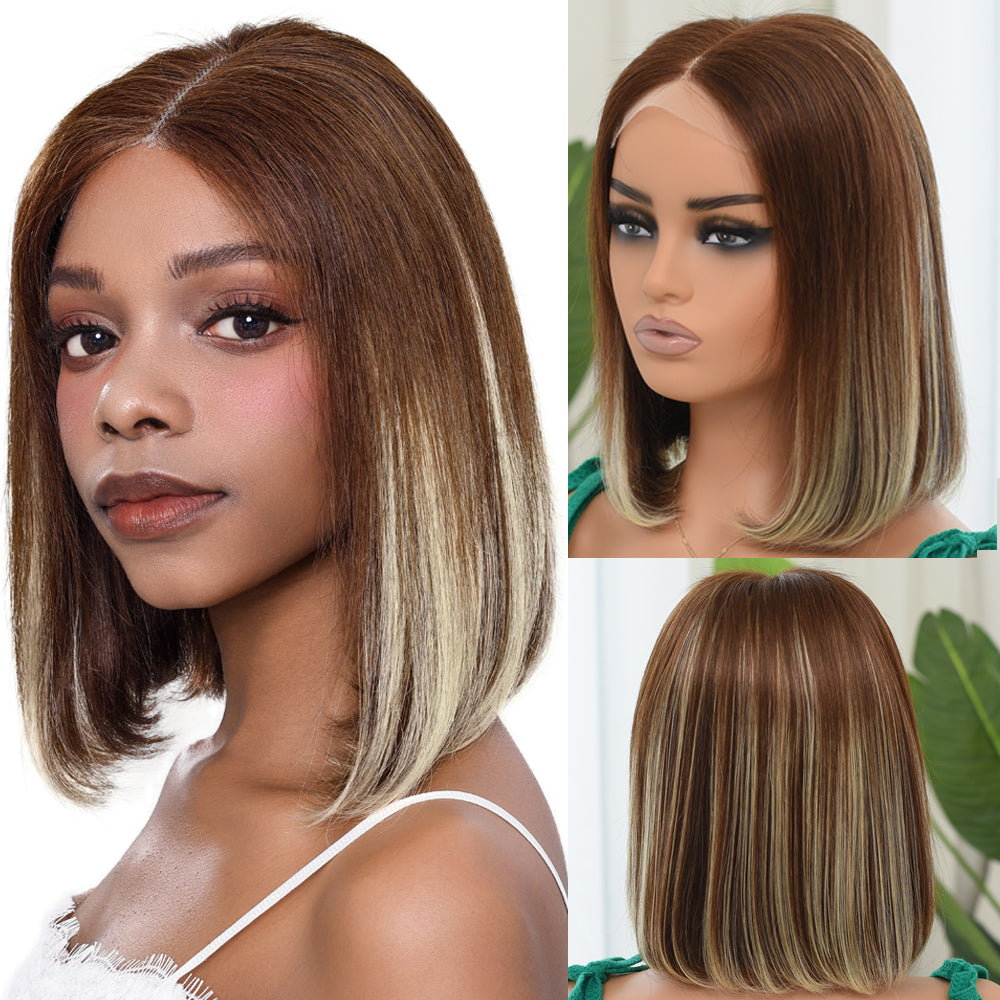 IDHERE Highlight Ombre Lace Front Bob Wig Human Hair Straight Hair Lace Closure Wigs