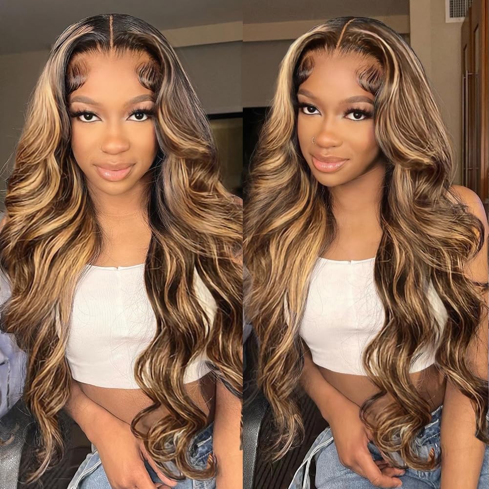 IDHERE Honey Blonde Human Hair 13x6 HD Body Wave 4/27 Highlight Ombre Lace Front Wigs