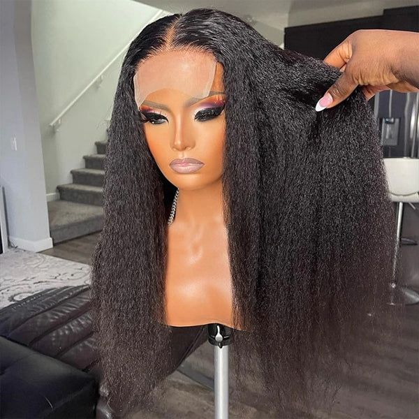 IDHERE Kinky Straight Lace Front Wigs Human Hair No Glue 4X4 HD Lace Closure Yaki Straight Human hair Wigs