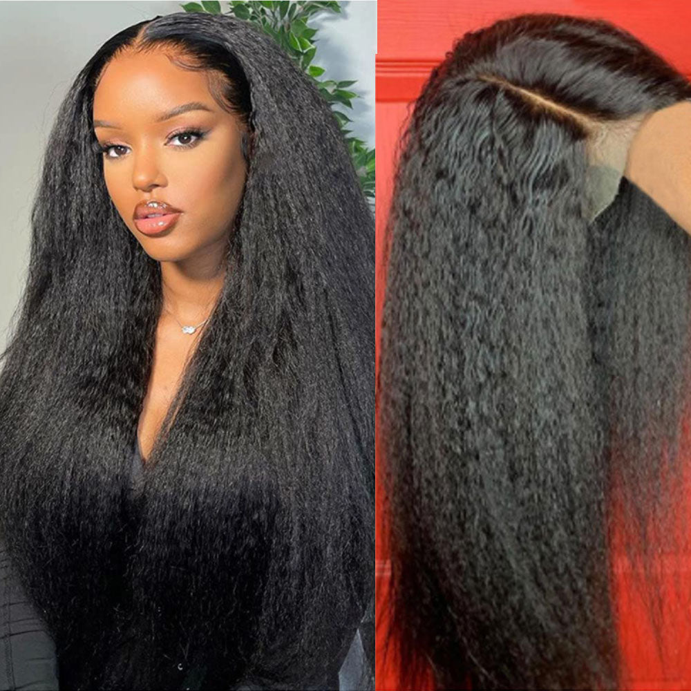 IDHERE Kinky Straight Lace Front Wigs Human Hair No Glue 4X4 HD Lace Closure Yaki Straight Human hair Wigs