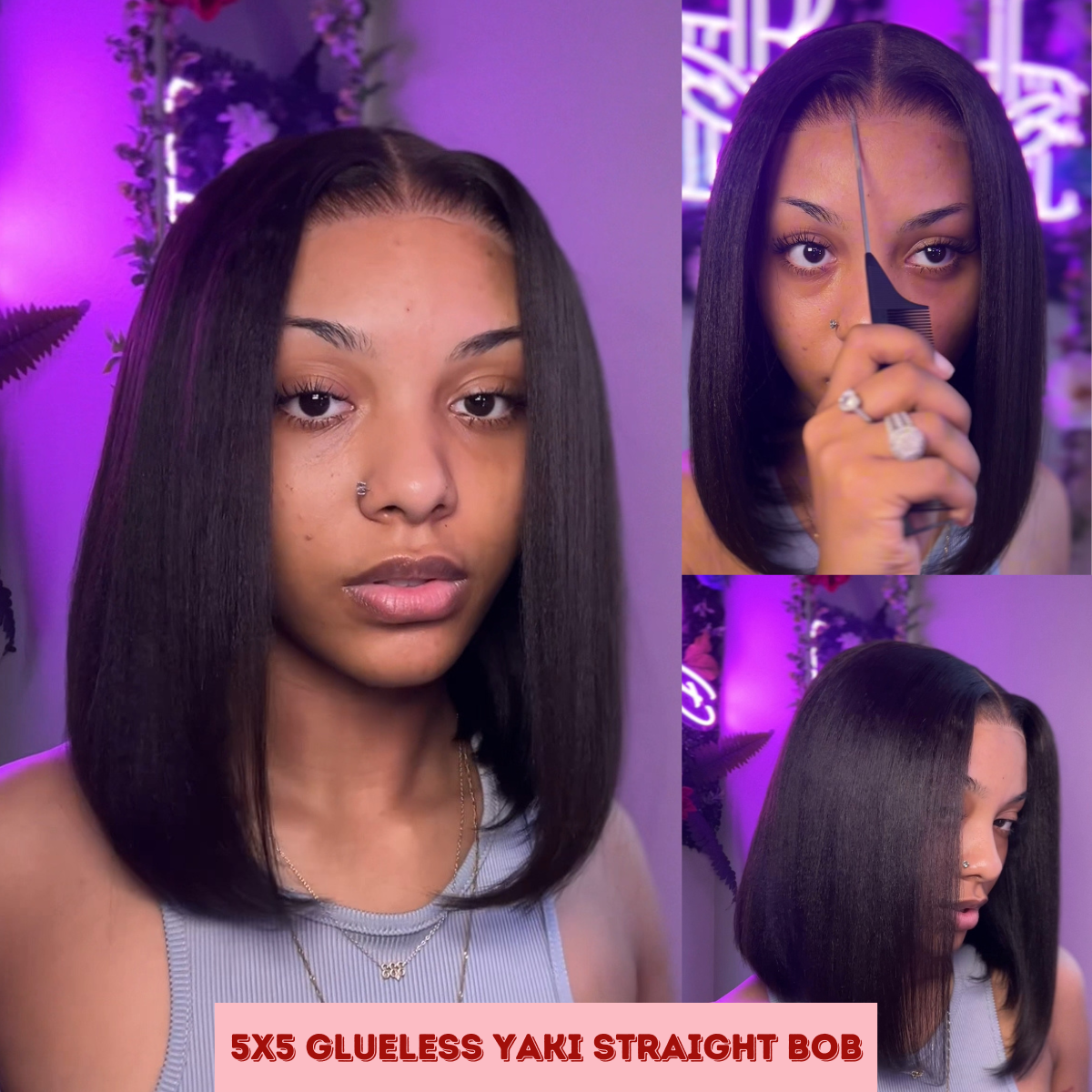 IDHERE Yaki Straight Glueless Bob 5X5 Lace Wigs Pre Plucked Kinky Straight Lace Closure Wig Virgin Human Hair 180% Density