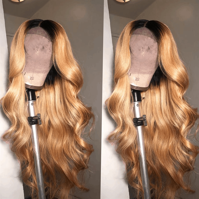 IDHERE Honey Blonde Human Hair 13x6 HD Body Wave 1B/27 Ombre Lace Front Wigs