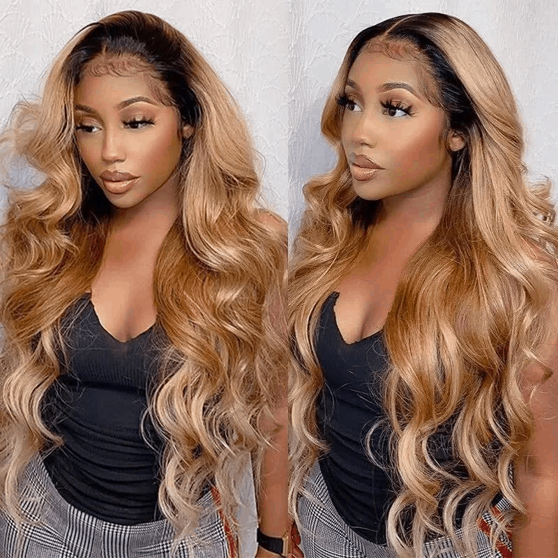 IDHERE Honey Blonde Human Hair 13x6 HD Body Wave 1B/27 Ombre Lace Front Wigs