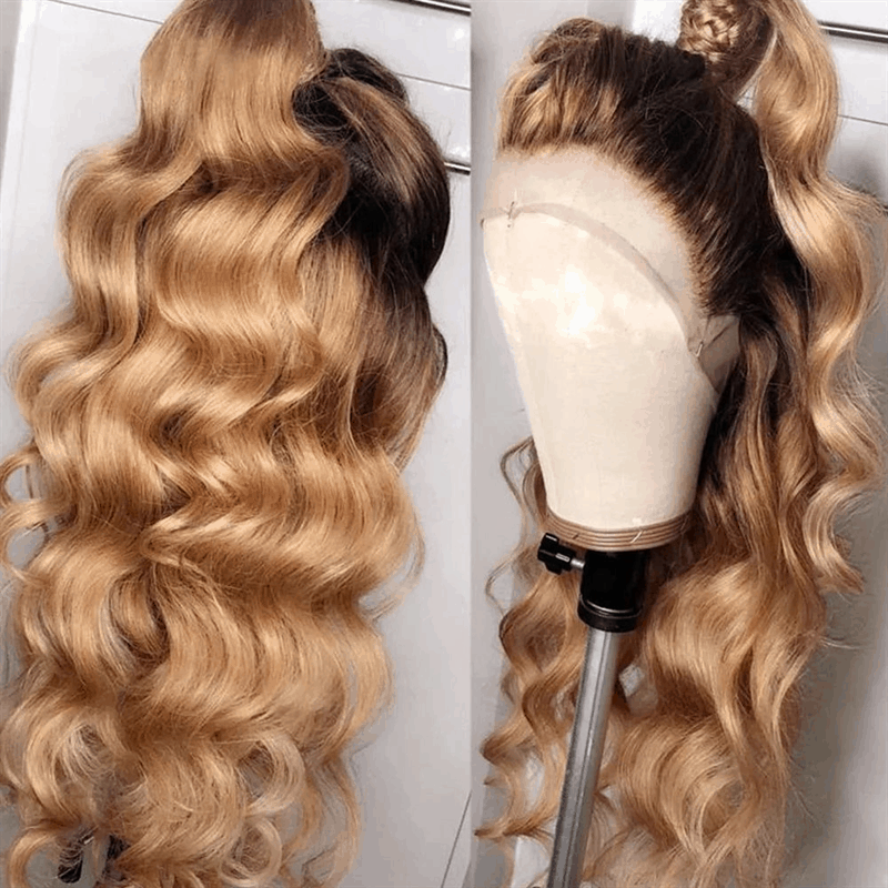 IDHERE Honey Blonde Human Hair 13x6 HD Body Wave 1B/27 Ombre Lace Front Wigs