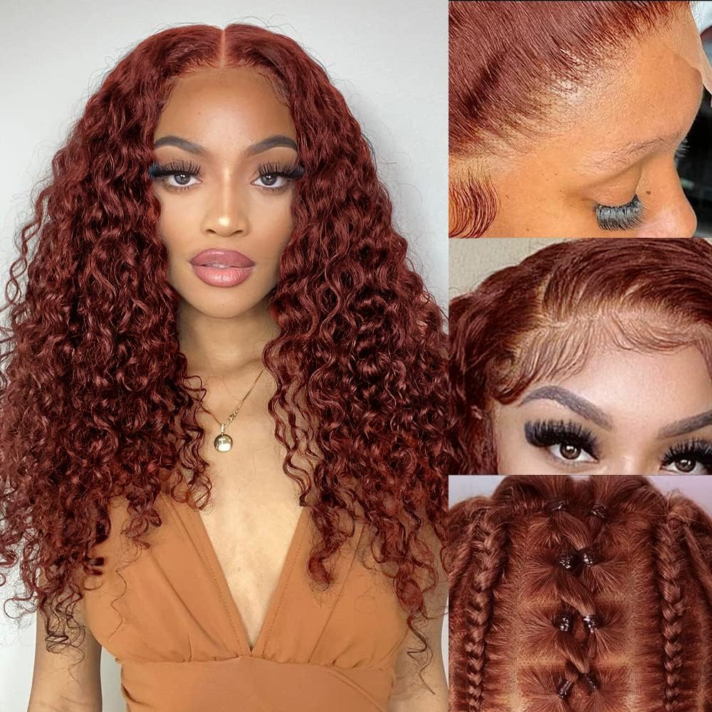 IDHERE Reddish Brown Wig Human Hair 13x4/13x6 Curly Wig 33# Color Auburn Deep Wave Human Hair Wigs