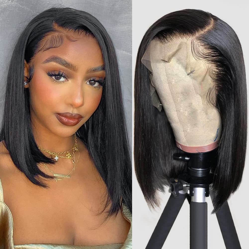 IDHERE Straight Short Bob Wig Human Hair 13x4 Frontal Lace Wig HD Transparent Lace Front 180% DensityWigs