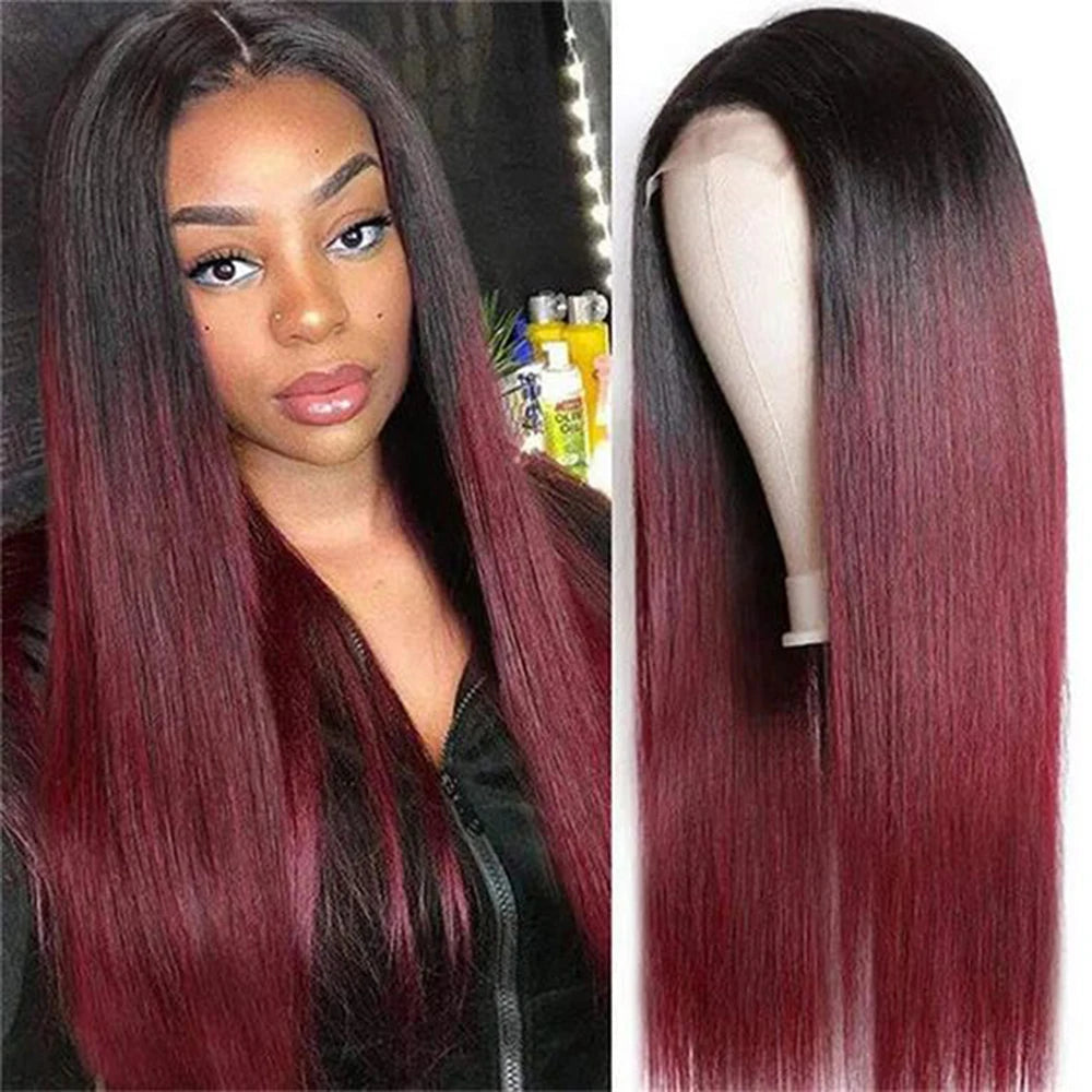 IDHERE Highlight Ombre  13x6 Straight Human Hair Wig 1B/99J Honey Blonde Lace Front Wigs