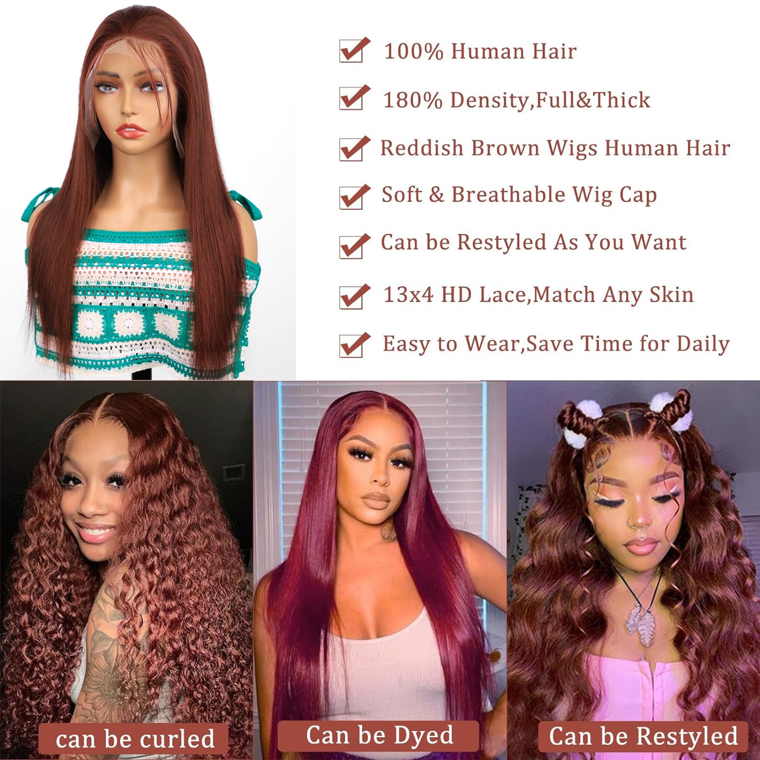 IDHERE Reddish Brown Lace Front Wigs Human Hair Straight 13x4 HD Lace Front Wigs Human Hair Pre Plucked