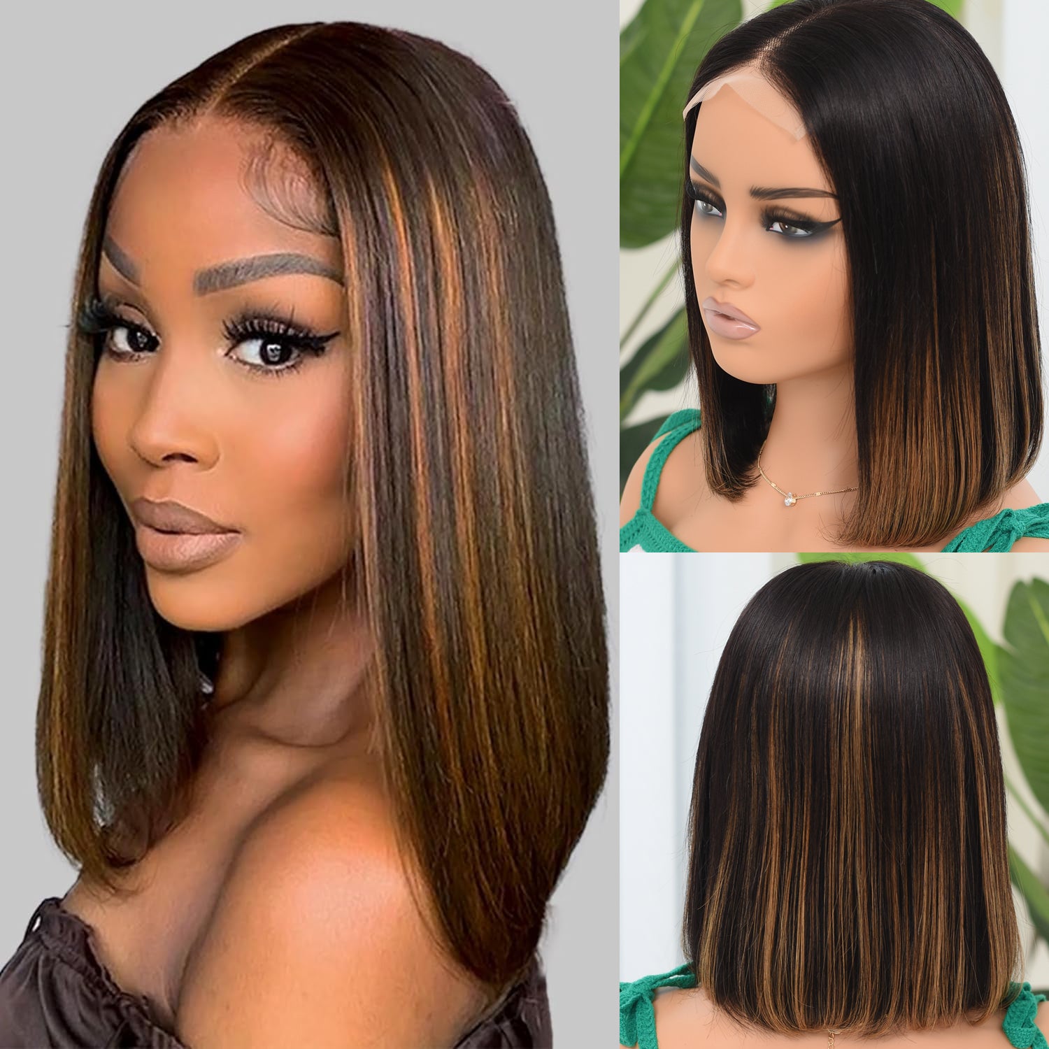 IDHERE Ombre 1B/30 Highlight Lace Closure Short Bob 13x4 Lace Front Human Hair Wig